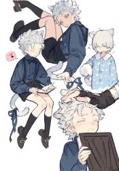  1boy aged_down animal_ears black_bow black_shorts blue_eyes blue_shirt blush book bow bowtie cat_boy cat_ears cattail child closed_eyes closed_mouth collared_shirt devil_may_cry_(series) gougougougou grey_hair highres holding holding_book invisible_chair kneehighs loafers long_sleeves looking_at_viewer male_focus multiple_views musical_note open_book plant ribbon shirt shoes short_hair shorts simple_background sitting socks speech_bubble spoken_musical_note suspender_shorts suspenders tail tail_ornament tail_ribbon vergil_(devil_may_cry) white_background white_hair 