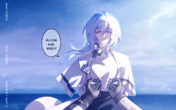  1boy 1girl absurdres arknights artist_name black_gloves blue_hair blue_nails blue_sky breasts closed_mouth coat colored_eyelashes commentary cosplay day english_commentary english_text gloves hair_between_eyes highres id_card li9999 long_hair looking_at_viewer male_rover_(wuthering_waves) medium_breasts nail_polish outdoors pov pov_hands priestess_(arknights) priestess_(arknights)_(cosplay) rover_(wuthering_waves) shirt shorekeeper_(wuthering_waves) sky smile solo_focus taking_another's_hand violet_eyes white_coat white_shirt wuthering_waves 