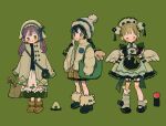  3girls angel_wings apple apron asymmetrical_legwear back_bow bag belt belt_buckle black_hair black_sweater blonde_hair blush_stickers bonnet boots bow bow_legwear braid bridal_garter brown_belt brown_footwear brown_skirt buckle bun_cover buttons child chinese_clothes closed_eyes closed_mouth coat collared_coat commentary detached_sleeves dog double_bun dress english_commentary eyelashes fashion food frilled_apron frilled_dress frilled_sleeves frills fruit fur-trimmed_boots fur_trim green_apron green_background green_bag green_bow green_coat green_dress green_eyes green_footwear green_garter green_headdress green_skirt green_sweater green_theme hair_bow hair_bun hair_ornament hat hat_bow headdress high_collar highres kneehighs lace_skirt layered_skirt leg_belt long_hair long_skirt long_sleeves looking_ahead low_twin_braids mary_janes miniskirt multiple_girls onigiri open_clothes open_coat original parted_lips pleated_skirt pom_pom_(clothes) puffy_long_sleeves puffy_short_sleeves puffy_sleeves puppy purple_hair putong_xiao_gou red_lips shoes short_dress short_hair short_sleeves simple_background single_kneehigh single_sock skirt sleeves_past_fingers sleeves_past_wrists smile socks straight-on straight_hair striped striped_socks sweater tassel tassel_hair_ornament tote_bag turtleneck turtleneck_sweater twin_braids twintails vertical-striped_socks vertical_stripes waist_bow white_headwear white_wings wide_sleeves wings 