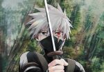  1boy aged_down anbu forehead_protector gloves goma1132 hair_between_eyes hatake_kakashi heterochromia highres holding holding_sword holding_weapon looking_at_viewer male_focus mask mouth_mask naruto_(series) naruto_shippuuden ninja red_eyes scar scar_across_eye sharingan short_hair short_sword solo split_theme sword sword_in_front_of_face upper_body weapon 