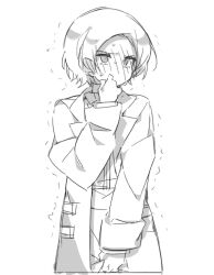 1boy anpolly blush coat commentary_request cowboy_shot greyscale hand_to_own_mouth lab_coat long_sleeves looking_ahead male_focus medic_(sekaiju_4) medic_3_(sekaiju_4) monochrome open_clothes open_coat sekaiju_no_meikyuu sekaiju_no_meikyuu_4 short_hair simple_background solo standing sweat twitching white_background 