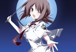  1girl :d ;d baton_(weapon) blue_background blush brown_hair capelet commentary cross cross_print crown_print expandable_baton floating_clothes folded_ponytail full_moon gradient_background green_eyes highres holding holding_baton_(weapon) holding_weapon kita_high_school_uniform_(subarashiki_hibi) looking_at_viewer medium_hair moon necktie one_eye_closed print_capelet print_necktie reaching reaching_towards_viewer red_necktie smile solo subarashiki_hibi tachibana_kimika untranslatable_commentary upper_body weapon wframe white_capelet 
