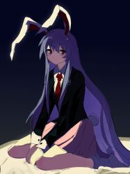  1girl :o animal_ears black_jacket commentary crescent crescent_pin dark_background expressionless highres jacket long_hair looking_at_viewer necktie pink_skirt purple_hair rabbit_ears rabbit_girl rabbit_tail red_eyes red_necktie reisen_udongein_inaba shirt sitting skirt socks solo tail touhou very_long_hair wariza white_shirt white_socks zi_ziyuan_zuhsjsh 