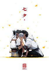  1boy 1girl artist_logo artist_name belt_pouch black_hair black_pants black_shorts bracelet bun_cover chinese_clothes commentary couple covering_face double_bun english_commentary hair_bun hand_up highres holding holding_mask hood hood_down implied_kiss jewelry kan_liu_(666k) knees_up logo long_pointy_ears mask original pants pendant_earrings pointy_ears pouch short_hair short_sleeves shorts sitting three-quarter_sleeves translation_request white_background 