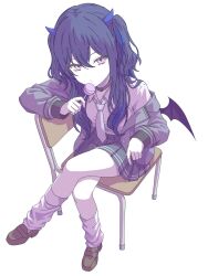  1girl belt_collar black_shoes black_skirt blue_hair candy chair closed_mouth collar collared_shirt commentary_request crossed_legs demon_horns demon_wings food full_body grey_jacket hair_between_eyes highres holding holding_candy holding_food holding_lollipop horns ichinose_uruha ichinose_uruha_(6th_costume) jacket kishinoko222 loafers lollipop long_sleeves looking_at_viewer necktie on_chair open_clothes open_jacket school_chair school_uniform shirt shoes simple_background single_off_shoulder sitting skirt socks solo violet_eyes virtual_youtuber vspo! white_background white_necktie white_shirt white_socks wings 