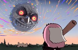  1girl absurdres advarcher baseball_bat black_dress chibi commentary crossover dress from_behind full_moon glowing glowing_eyes grass highres holding holding_baseball_bat hololive hololive_english huge_moon long_hair moon moon_(zelda) moon_with_face mori_calliope outdoors pink_hair red_eyes sky smol_calli solo teeth the_legend_of_zelda the_legend_of_zelda:_majora's_mask untranslatable_commentary veil virtual_youtuber yellow_eyes 