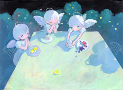  3girls absurdres angel berry blue_eyes bush chair character_doll closed_eyes commentary_request doll dress grey_hair halo hidari_(nanmu-left) highres multiple_girls multiple_others original outdoors own_hands_together plate praying shadow shooting_star short_hair short_sleeves smile table traditional_halo white_hair white_wings wings 