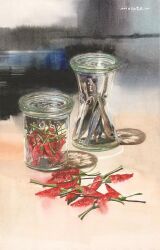 artist_name chili_pepper commentary_request dried_fish fish_(food) glass_jar highres no_humans original painting_(medium) shadow still_life traditional_media watanabe_masato watercolor_(medium) 