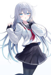  1girl anchor_symbol black_sailor_collar black_skirt black_thighhighs blue_eyes blush collarbone commentary_request eyes_visible_through_hair hair_between_eyes hibiki_(kancolle) highres kantai_collection long_hair looking_at_viewer midriff_peek neckerchief open_mouth pleated_skirt red_neckerchief sailor_collar shikuro_(iorimiyakiyo) shirt skirt sleeve_cuffs sleeves_past_wrists solo striped_clothes thigh-highs white_background white_hair white_shirt 