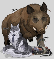  ^_^ absurdres animal_focus animalization avery_(degrees_of_lewdity) bailey_(degrees_of_lewdity) blue_necktie boar character_name closed_eyes colored_sclera degrees_of_lewdity diagonal-striped_clothes diagonal-striped_necktie grey-tinted_eyewear grey_background highres looking_at_viewer maine_coon ming_(5unri5e666) money necktie no_humans quinn_(degrees_of_lewdity) red_sclera simple_background sitting snake striped_clothes striped_necktie sunglasses tinted_eyewear 