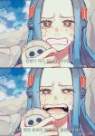  1girl artist_name bbzico1267 blue_hair clenched_teeth commentary_request crying crying_with_eyes_open hair_ornament highres holding korean_text long_hair multiple_views nefertari_vivi one_piece open_mouth outdoors tears teeth translation_request 