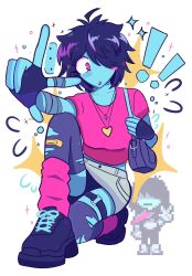  ! !! ... 1other ahoge alternate_costume bag bandaged_arm bandaged_fingers bandages bandaid bandaid_on_clothes bandaid_on_leg black_hair blue_skin colored_skin commentary cropped_shirt deltarune fingerless_gloves flying_sweatdrops gloves hair_over_one_eye heart_pendant highres kharxsho kneeling kris_(dark_world)_(deltarune) kris_(deltarune) leg_warmers medium_hair midriff miniskirt o-ring o-ring_thigh_strap on_one_knee pink_eyes pink_leg_warmers pink_shirt reference_inset shirt shoulder_bag skirt solo sparkle speech_bubble spoken_ellipsis star_pendant thigh-highs thigh_strap torn_clothes torn_thighhighs utdr_(toby_fox) w white_background 