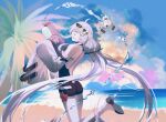  1girl absurdres ahoge backless_swimsuit bare_legs bare_shoulders beach black_choker black_one-piece_swimsuit choker clouds crazy_smile detached_sleeves drone eyewear_on_head frilled_choker frills grey_eyes grey_hair highres holding holding_water_gun long_hair looking_at_viewer luosanle no.21:_xxi_(solar_frost)_(punishing:_gray_raven) no.21_(punishing:_gray_raven) ocean one-piece_swimsuit punishing:_gray_raven sidelocks sky sleeves_past_fingers sleeves_past_wrists smile solo starfish sunglasses swimsuit twintails very_long_hair water_gun white_sleeves 