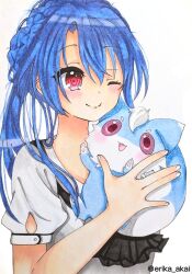  1girl ;) \||/ animal black_neckerchief blue_hair blush braid closed_mouth commentary_request commission crown_braid erika_akai fox hair_between_eyes hair_bun hand_up highres holding holding_animal long_hair looking_at_viewer neckerchief one_eye_closed pink_eyes puffy_short_sleeves puffy_sleeves red_eyes sailor_collar school_uniform serafuku shirt short_sleeves sidelocks simple_background single_hair_bun smile solo sorakado_ao split_mouth summer_pockets summer_pockets_school_uniform traditional_media twitter_username upper_body white_background white_sailor_collar white_shirt 