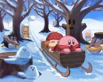  ^_^ artist_name bare_tree beanie bird blue_eyes blue_sky blush blush_stickers closed_eyes clouds corori day emp_(kirby) flower hat highres hill kirby kirby_(series) kogoesou leo_taranza no_humans open_mouth outdoors penguin polof pom_pom_beanie red_headwear red_scarf running scarf scenery sky smile snow snowball sparkle star_(symbol) star_block tree tree_stump twitter_username waddle_dee whispy_woods winter yellow_headwear yellow_scarf yuki_(kirby) 