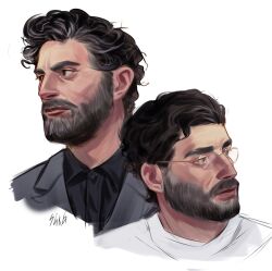  1boy beard black_shirt brown_eyes closed_mouth collared_shirt commentary_request cropped_shoulders facial_hair glasses grey_hair grey_jacket highres jacket male_focus multicolored_hair multiple_views oscar_isaac parted_hair real_life sgkg108 shirt streaked_hair thick_eyebrows white_shirt wing_collar yellow-framed_eyewear 