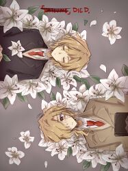  2boys bandaid bandaid_on_face blazer blonde_hair book closed_eyes closed_mouth coat collared_shirt death dual_persona english_commentary english_text flower flower_bed grey_background hair_over_one_eye highres holding holding_book holding_flower jacket long_hair lying male_focus multiple_boys natsume_souichirou necktie on_back petals red_eyes red_necktie school_uniform sekai_metsubou_kyouyuu_gensou_mamiya shirt short_hair trench_coat upper_body waking_up wavy_hair white_flower white_petals white_shirt wide-eyed zzzenmui 