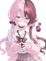  absurdres bao13xx blue_eyes blush bow bowtie coat commentary_request egg glasses gyaru hair_tie highres multicolored_hair own_hands_together pink_coat shirt skirt tachibana_hinano tachibana_hinano_(school_uniform) virtual_youtuber vspo! white_shirt 