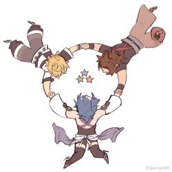  1girl 2boys animated animated_gif aqua_(kingdom_hearts) black_jacket black_shirt black_shorts black_thighhighs blackpaopu blonde_hair blue_hair boots brown_hair brown_pants checkered_clothes checkered_wristband circle_formation commentary deformed detached_sleeves english_commentary falling full_body grey_boots grey_pants high_heels holding_hands jacket kingdom_hearts kingdom_hearts_birth_by_sleep looking_at_another multicolored_jacket multiple_boys pants puffy_pants shirt short_hair short_shorts short_sleeves shorts shoulder_strap spiky_hair star_(symbol) symmetry terra_(kingdom_hearts) thigh-highs tumblr_username ventus_(kingdom_hearts) white_background white_jacket wide_sleeves wind wristband 