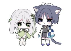  1boy 1girl adapted_costume animal_ear_fluff animal_ears asymmetrical_sidelocks black_hair black_shirt black_shorts black_tail bloomers blue_cape blunt_ends blush blush_stickers braid cape cat_ears cat_tail choppy_bangs closed_mouth cross-shaped_pupils detached_sleeves dress eyelashes eyeliner full_body fur_leg_warmers genshin_impact green_eyes green_hair green_pupils green_sleeves grey_pupils hair_ornament half_crown_braid height_difference japanese_clothes kimono leaf leaf_hair_ornament leg_warmers long_hair makeup mandarin_collar multicolored_hair nahida_(genshin_impact) open_clothes open_kimono rabbit_ears rabbit_girl rabbit_tail red_eyeliner scaramouche_(genshin_impact) shirt shorts side_cape side_ponytail sidelocks sleeves_past_wrists socks streaked_hair symbol-shaped_pupils tail violet_eyes wanderer_(genshin_impact) wheat_02 white_background white_bloomers white_dress white_hair white_kimono white_leg_warmers white_sleeves white_socks white_tail 