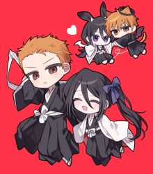  1boy 1girl :< ^_^ animal_ears black_hair black_hakama black_kimono black_wings bleach bleach:_epilogue cat_boy cat_ears cat_tail chibi chibi_inset closed_eyes coat commentary_request demon_wings dual_persona g_ieep hakama halo haori heart heart_of_string hetero japanese_clothes kemonomimi_mode kimono korean_commentary kuchiki_rukia kurosaki_ichigo long_hair orange_eyes rabbit_ears rabbit_girl shihakusho short_hair side_ponytail spiky_hair taichou_haori tail violet_eyes white_coat white_haori white_wings wings zangetsu_(shikai) 