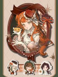  4girls absurdres anjo_nala brown_eyes brown_hair camera chibi chibi_inset chinese_commentary commentary_request egg_tart food gloves grey_hair hat hat_feather highres holding holding_camera holding_food kakania_(reverse:1999) kfc looking_at_viewer mini_hat multiple_girls orange_hair outline reverse:1999 sangxin-bingkuang_chang_ergouzi shadow solo_focus sonetto_(reverse:1999) spoken_food sweat thumbs_up vertin_(reverse:1999) violet_eyes white_gloves white_outline 