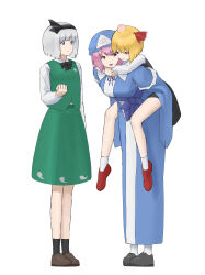  3girls absurdres black_bow black_bowtie black_hairband black_skirt black_socks black_vest blonde_hair blue_eyes blue_hat blue_kimono blue_ribbon bow bowtie brown_shoes carrying carrying_person clenched_hand closed_mouth collared_shirt commentary full_body green_skirt green_vest grey_hair hair_ribbon hairband hat head_bump highres japanese_clothes kimono konpaku_youmu long_sleeves mob_cap mori_dobonua_(mordvna) multiple_girls neck_ribbon open_mouth piggyback pink_hair red_eyes red_ribbon red_shoes ribbon rumia saigyouji_yuyuko shirt shoes skirt skirt_set sleeve_garter smile socks touhou triangular_headpiece untranslatable_commentary vest white_shirt white_socks wide_sleeves 