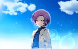  1boy anpolly closed_mouth clouds coat commentary_request lab_coat lapels lens_flare looking_at_viewer male_focus medic_(sekaiju_4) medic_3_(sekaiju_4) open_clothes open_coat outdoors parted_bangs purple_hair sekaiju_no_meikyuu sekaiju_no_meikyuu_4 short_hair sky smile solo upper_body white_coat yellow_eyes 