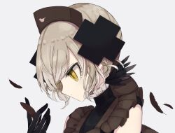  1girl animal_print bird_print black_feathers black_gloves butter_run closed_mouth commentary_request falling_feathers feathers gloves grey_background grey_hair hair_ornament hat looking_at_object magical_girl mahou_shoujo_ikusei_keikaku mahou_shoujo_ikusei_keikaku_restart nurse_cap shadowgale short_hair x_hair_ornament yellow_eyes 