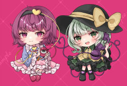  2girls black_boots black_hairband black_hat blue_shirt boots bow buttons collared_shirt commentary_request diamond_button disembodied_linked_eye eyeball frilled_shirt_collar frilled_skirt frilled_sleeves frills full_body green_eyes green_hair green_skirt hair_ornament hairband hat hat_bow heart heart_button heart_hair_ornament heart_of_string holding holding_phone jaku_sono komeiji_koishi komeiji_satori long_sleeves looking_at_viewer multiple_girls open_mouth phone pink_background pink_eyes pink_hair pink_skirt red_slippers ribbon-trimmed_collar ribbon_trim sample_watermark shirt siblings simple_background sisters skirt slippers smile socks touhou watermark watermark_grid white_socks wide_sleeves yellow_bow yellow_shirt 