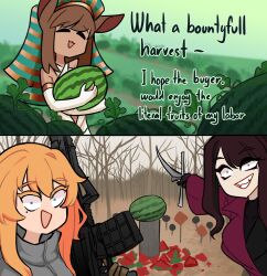  3girls bare_tree black_hair blonde_hair blue_eyes brown_hair centurii-chan closed_eyes commentary constricted_pupils english_commentary english_text food fruit gun highres holding holding_weapon long_hair mole mole_under_eye multiple_girls open_mouth original rifle tree watermelon weapon 
