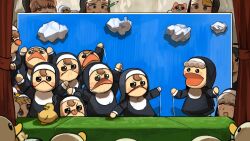 6+girls :d absurdres architect_nun_(diva) baby_animal bird blonde_hair blue_eyes blush_stickers brown_hair cat character_puppet chicken closed_eyes clumsy_nun_(diva) curtains diva_(hyxpk) duck duckling english_commentary eyewear_on_head freckles froggy_nun_(diva) glasses green_hair grey_hair highres little_nuns_(diva) multiple_girls nun pencil_behind_ear puppet puppet_show puppet_strings rectangular_mouth sheep_nun_(diva) shy_nun_(diva) smile spicy_nun_(diva) square_nun_(diva) traditional_nun yellow_eyes 