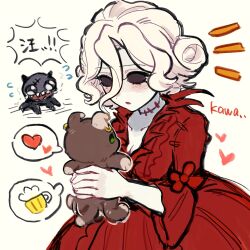  1girl 6456904065 :o animal animalization black_eyes brown_dog chinese_commentary commentary_request demi_bourbon dog dress hair_between_eyes heart highres holding holding_animal holding_dog identity_v long_bangs looking_at_animal mary_(identity_v) open_mouth patroller_(identity_v) red_dress short_hair simple_background solid_eyes speech_bubble three-quarter_sleeves white_background white_hair 