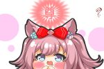  1girl :d agnes_digital_(umamusume) animal_ears blush_stickers bow chibi commentary_request drooling hair_bow hands_up highres horse_ears kurukurumagical mouth_drool pink_hair red_bow simple_background smile solo translation_request two_side_up umamusume violet_eyes white_background 
