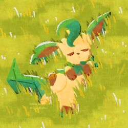  1other closed_eyes commentary_request dated grass highres higo_ehatsu leaf_tail leafeon lying no_humans on_back open_mouth pokemon pokemon_(creature) shadow sleeping solo solo_focus tagme twitter_username 