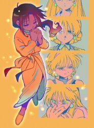  2girls averting_eyes blonde_hair closed_eyes closed_mouth colored_sclera commentary dark-skinned_female dark_skin dress earrings epaulettes evil_smile film_grain floating_hair full_body green_sclera gundam hairband hands_up highres interlocked_fingers jacket jewelry katejina_loos long_hair looking_at_viewer low_side_ponytail mecha_pilot_suit military_uniform multiple_girls normal_suit_(gundam) ok_ko19 orange_dress orange_shoes own_hands_clasped own_hands_together parted_lips pink_hairband praying progression shakti_kareen shirt shoes short_hair side_ponytail smile standing sweatdrop victory_gundam wide-eyed yellow_background yellow_eyes yellow_jacket zanscare 