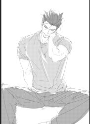  1boy ace_attorney arm_up closed_mouth commentary_request greyscale hair_slicked_back hand_on_own_face highres invisible_chair jewelry korean_commentary male_focus monochrome necklace one_eye_closed osjja1 pants pendant phoenix_wright shirt short_hair short_sleeves simple_background sitting sketch smile solo white_background 