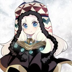  1girl :> black_robe blonde_hair blue_eyes bow bowtie commentary_request gem green_gem hair_between_eyes kiguchi_(aprico) knit_hat long_hair looking_at_viewer official_alternate_color pom_pom_(clothes) robe rune_master_(sekaiju) rune_master_2_(sekaiju) sekaiju_no_meikyuu sekaiju_no_meikyuu_4 solo split_mouth star_(symbol) upper_body white_background yellow_bow yellow_bowtie 