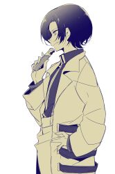  1boy anpolly closed_mouth coat commentary_request hand_on_own_hip hand_up holding holding_test_tube lab_coat lapels long_sleeves looking_ahead male_focus medic_(sekaiju_4) medic_3_(sekaiju_4) monochrome open_clothes open_coat parted_bangs profile sekaiju_no_meikyuu sekaiju_no_meikyuu_4 short_hair simple_background smile solo test_tube white_background 