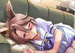  1girl absurdres animal_ears blue_eyes blush bow brown_hair commentary_request couch cowboy_shot hair_between_eyes highres horse_ears horse_girl horse_tail indoors looking_at_viewer lying narita_taishin_(umamusume) nida_keita on_couch on_side one_eye_closed petticoat pillow pleated_skirt puffy_short_sleeves puffy_sleeves purple_bow purple_shirt sailor_collar school_uniform shirt short_hair short_sleeves skirt solo summer_uniform tail thigh-highs tracen_school_uniform umamusume white_skirt white_thighhighs 