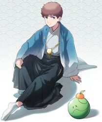  absurdres amuro_ray black_hakama blue_eyes blue_jacket brown_hair check_clothing closed_mouth clothing_request commentary_request curly_hair food fruit full_body gradient_clothes gradient_jacket gundam hakama hakama_skirt hand_on_own_hip haori haro highres jacket japanese_clothes kimono looking_at_viewer male_focus mandarin_orange mobile_suit_gundam oh_syz red_shirt robe shirt short_hair sitting skirt smile socks solo undershirt white_robe white_socks wide_sleeves 