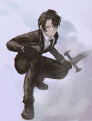  1boy absurdres black_eyes black_gloves black_hair black_jacket black_necktie black_pants black_shoes black_suit closed_mouth collared_shirt commentary_request dainatsu full_body gloves hair_over_one_eye highres holding holding_mask holding_sword holding_weapon jacket library_of_ruina long_sleeves looking_at_viewer male_focus mask necktie pants project_moon roland_(project_moon) sanpaku shirt shoes short_hair simple_background solo suit sword weapon white_shirt 
