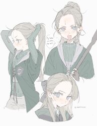  1girl blonde_hair commentary english_text fingerless_gloves genderswap genderswap_(mtf) gloves grey_eyes harry_potter_(series) high_ponytail highres holding long_hair long_sleeves malfoid memi_005164 mouth_hold multiple_views ponytail robe school_uniform sweatdrop twitter_username tying_hair untranslatable_commentary wizarding_world 