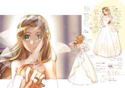  1girl aged_up arrow_(symbol) bare_shoulders bilingual_text bridal_veil brown_hair closed_mouth commentary contemporary dress english_text green_eyes highres holding_hands holding_own_dress holding_own_hair honzuki_no_gekokujou jewelry long_dress long_hair looking_at_viewer mixed-language_text mulihaohao necklace open_mouth out_of_frame philine_(honzuki_no_gekokujo) pointing_out_the_details pov ring san+ scrunchie smile standing strapless strapless_dress veil wedding_dress wrist_scrunchie 