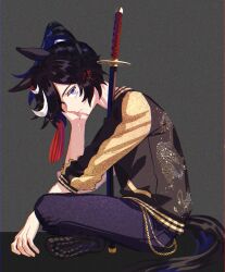  1girl alternate_costume animal_ears black_background black_hair black_jacket black_shoes blue_eyes chain commentary_request gold_chain hair_between_eyes hair_ornament head_rest highres hilt horse_ears horse_girl horse_tail jacket jagaimobeniko katana katsuragi_ace_(umamusume) long_sleeves medium_hair multicolored_hair ponytail shoe_soles shoes simple_background solo streaked_hair sword tail tassel tassel_hair_ornament umamusume weapon white_hair 