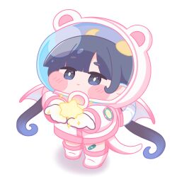  1girl bandaid bandaid_on_leg black_eyes black_hair blush_stickers boots bright_pupils chibi chibi_only dragon_girl dragon_horns dragon_tail dragon_wings full_body harf helmet highres horns incoming_gift jacket kidian_(trickcal) long_hair looking_at_viewer pink_boots pink_jacket smile solo space_helmet star_(symbol) tail trickcal twintails white_background white_pupils wings 