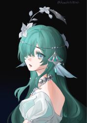  aqua_hair black_background blue_eyes dream_journey_(snow-white_dreamland)_(umamusume) dream_journey_(umamusume) facing_to_the_side fins flower genshin_impact hair_flower hair_intakes hair_ornament hair_over_one_eye head_fins head_tilt highres jewelry komugiko821 long_hair looking_at_viewer necklace one_eye_covered open_mouth pearl_hair_ornament pearl_necklace puffy_short_sleeves puffy_sleeves short_sleeves silver_tiara upper_body very_long_hair vodyanitsa_(genshin_impact) white_flower 