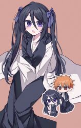  1boy 1girl between_legs black_hair black_hakama black_kimono bleach bleach:_epilogue bow brown_eyes chibi g_ieep hair_bow hakama hand_between_own_legs hand_in_another's_hair haori highres japanese_clothes kimono kuchiki_rukia kurosaki_ichigo long_hair open_mouth orange_hair shihakusho side_ponytail sitting spiky_hair taichou_haori twintails tying_another's_hair violet_eyes white_haori 