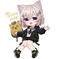  1girl :d animal_ears bandaid bandaid_on_knee bandaid_on_leg black_jacket black_necktie black_shorts cat_ears character_name chibi chibi_only commentary_request fang full_body hair_between_eyes hair_ornament highres hood hooded_jacket jacket looking_at_viewer necktie open_clothes open_jacket pink_eyes shirt short_hair short_shorts shorts sidelocks simple_background skin_fang smile solo tolass_(vrchat) triangle_hair_ornament vrchat wgaquq white_background white_shirt 