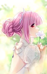  1girl backless_dress backless_outfit backlighting blurry blurry_background commentary_request contemporary covered_mouth day depth_of_field dress flower from_side hair_bun hannelore_(honzuki_no_gekokujou) highres holding holding_flower honzuki_no_gekokujou looking_at_viewer outdoors partial_commentary pink_hair red_eyes san+ see-through_clothes see-through_sleeves short_sleeves solo sunlight tiara twitter_username upper_body wedding_dress white_dress 